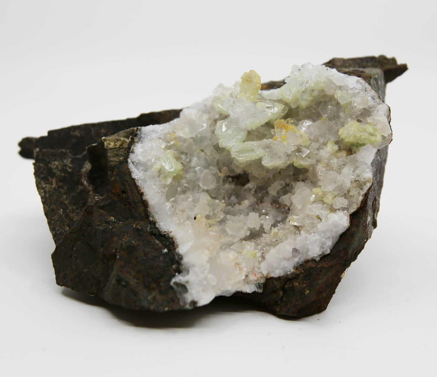 Prehnite Sugar Crystals on Calcite and Quartz