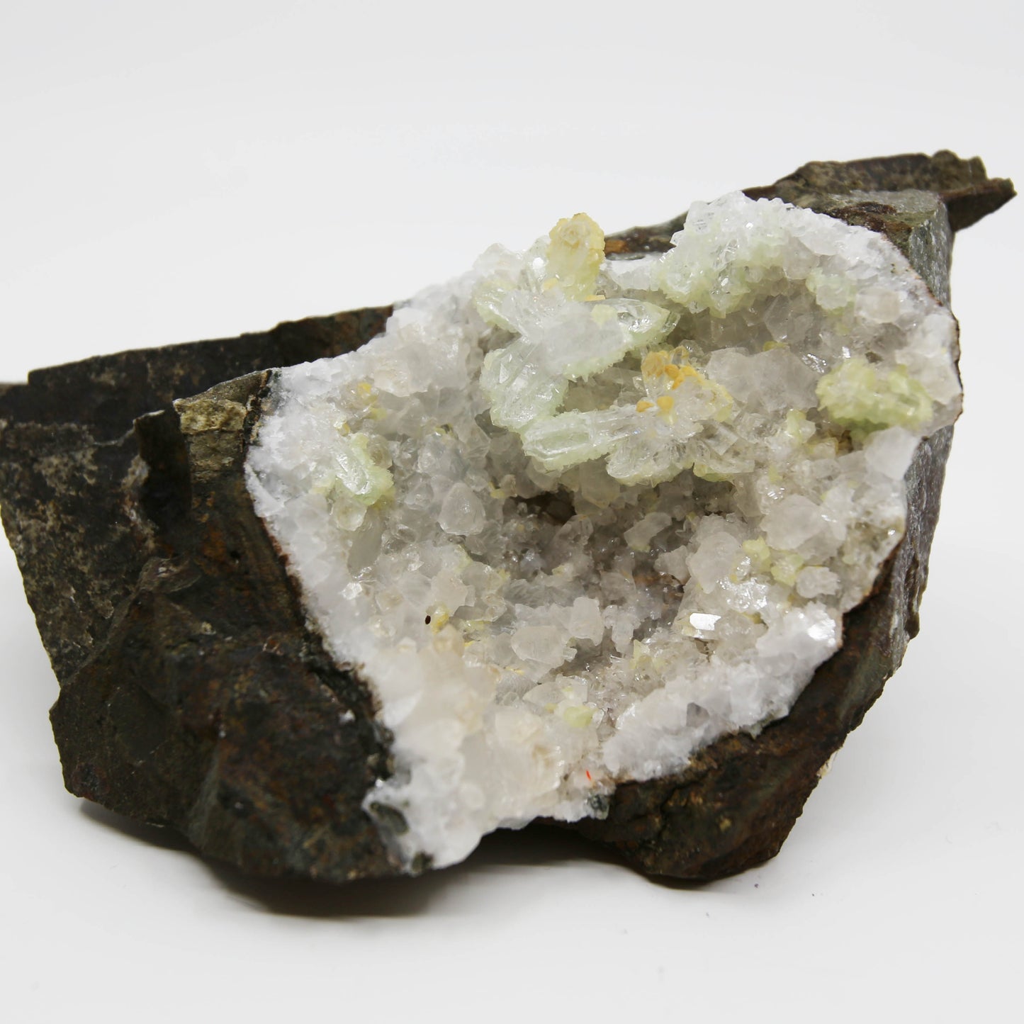 Prehnite Sugar Crystals on Calcite and Quartz