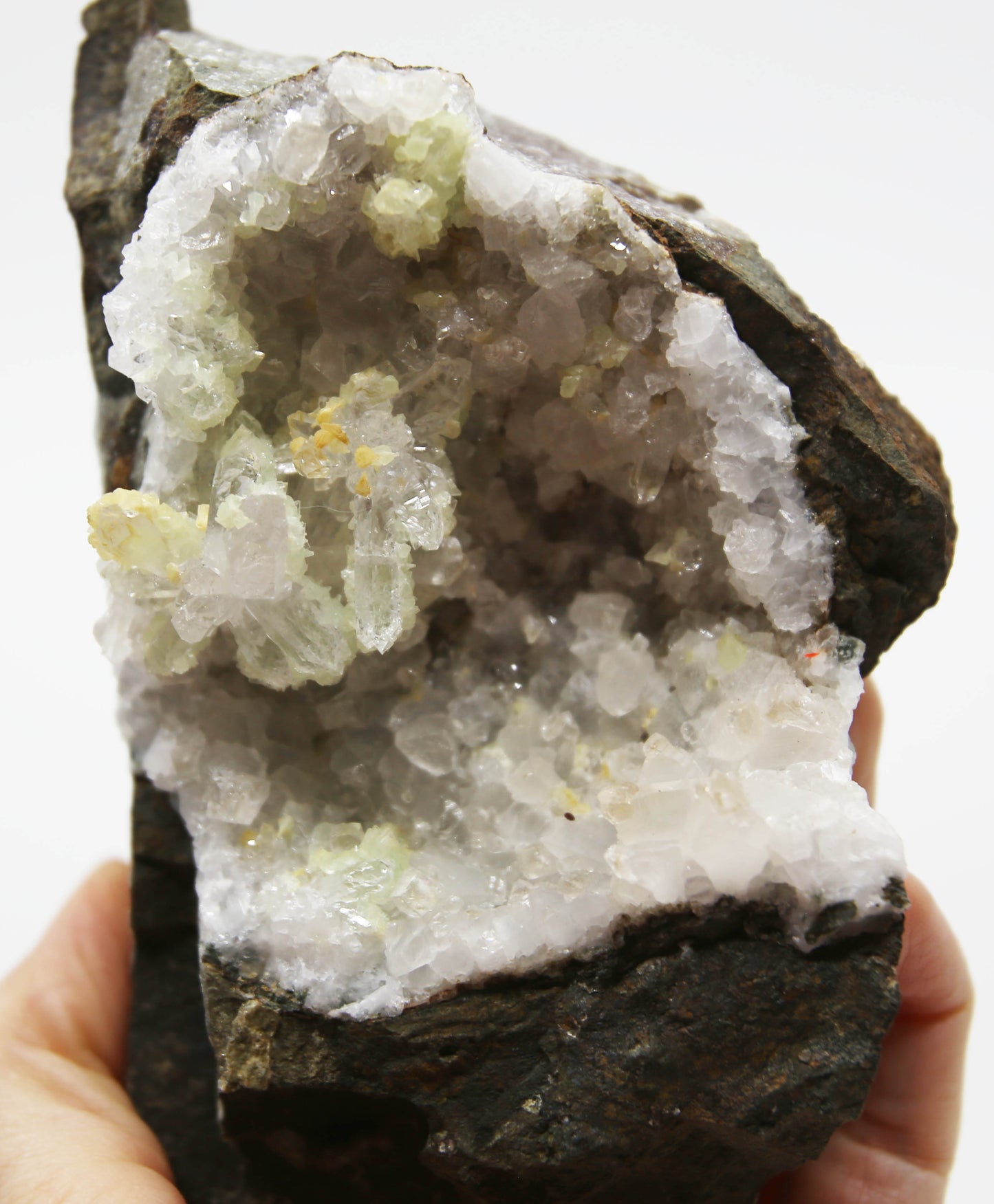 Prehnite Sugar Crystals on Calcite and Quartz